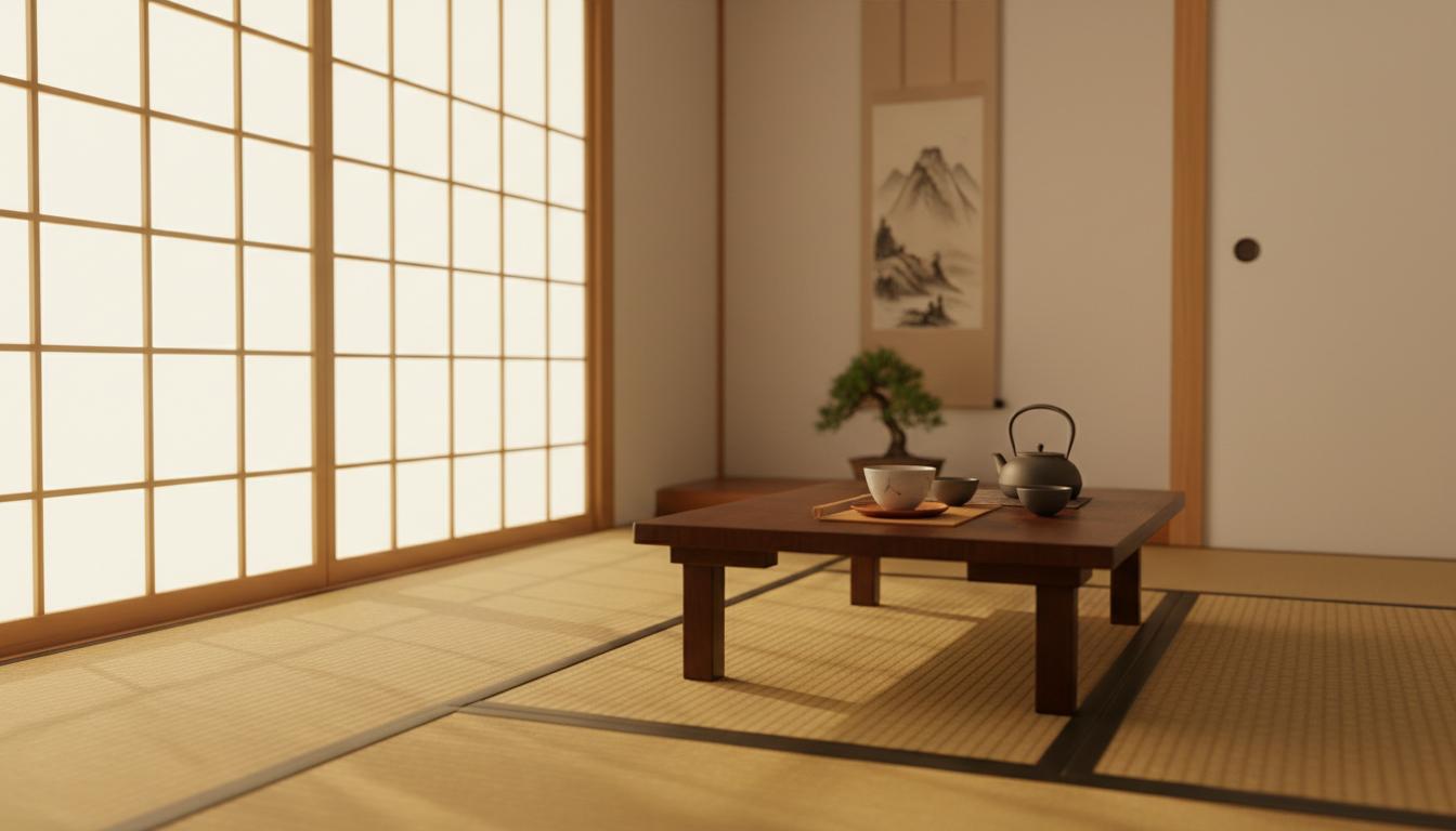 Morning light streaming through traditional Japanese shoji paper screens into a quiet tatami room