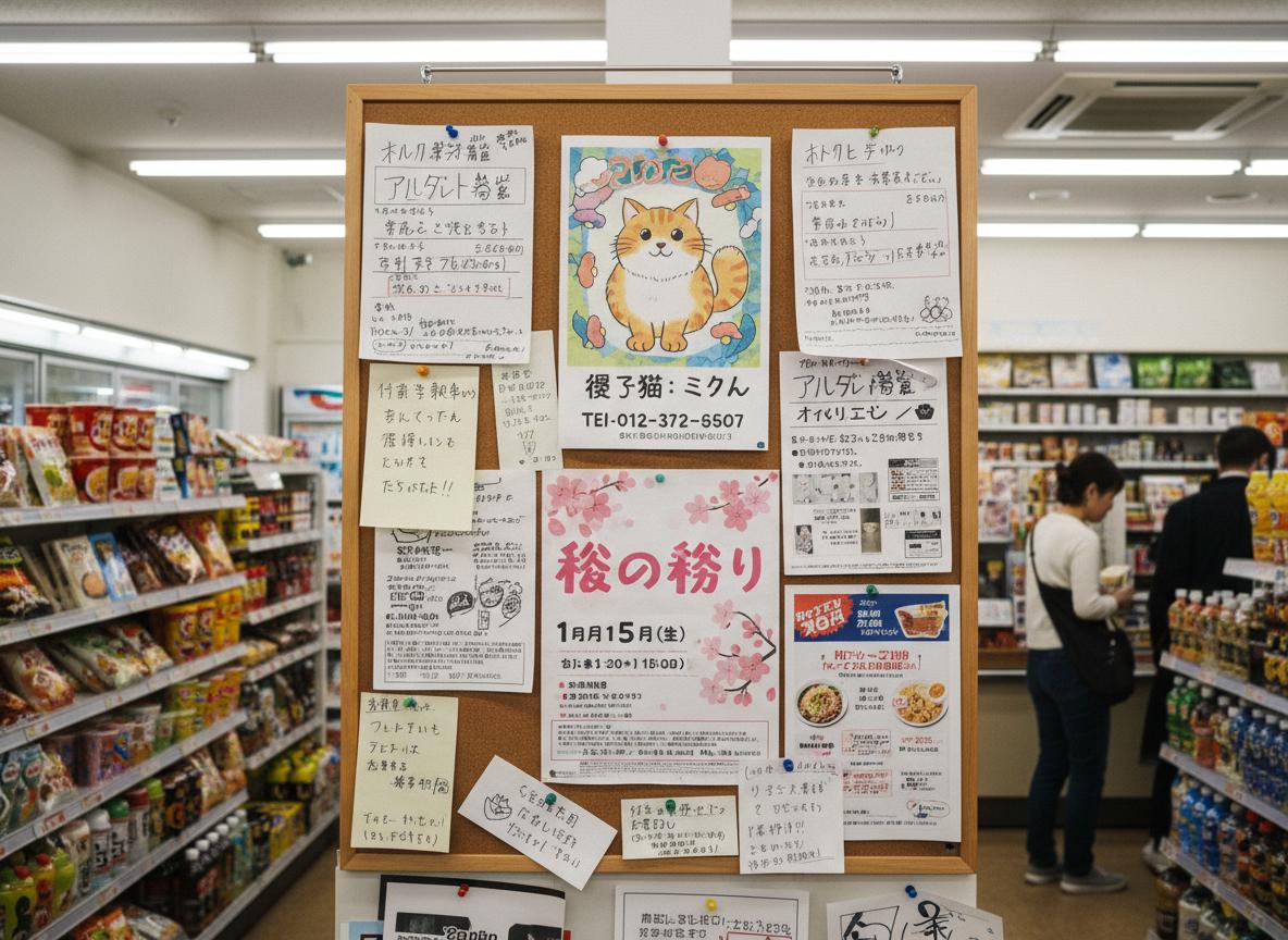A community notice board inside a konbini covered in local flyers and handwritten notes