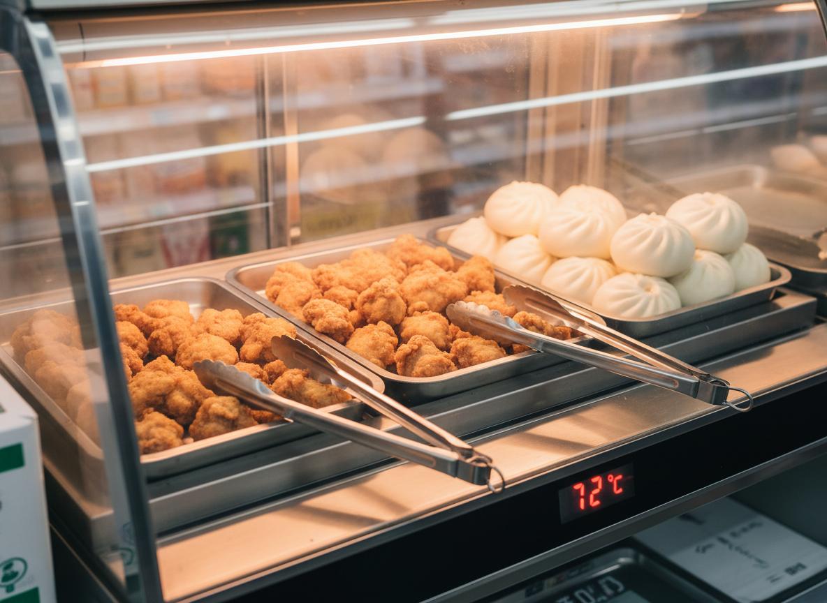 A konbini hot food case with fried karaage chicken and steamed buns under warm lights