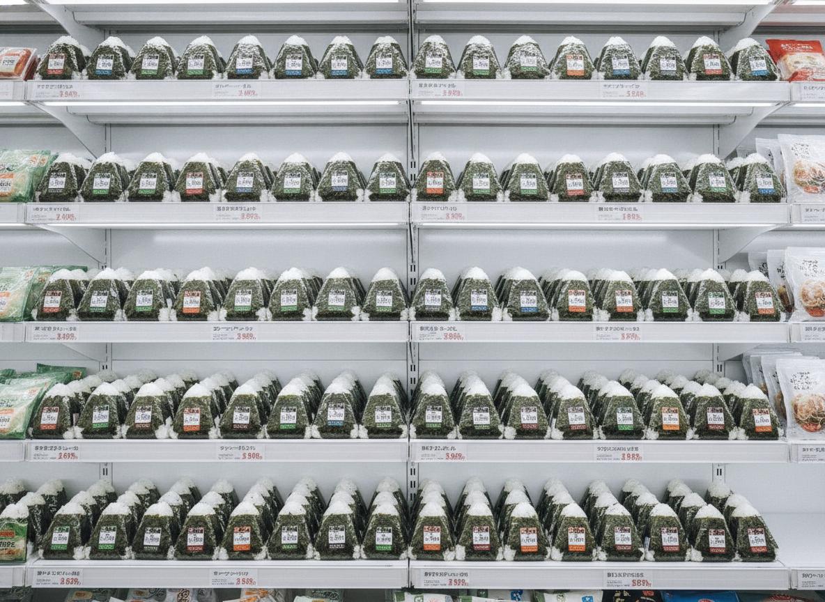 Rows of perfectly arranged onigiri rice balls in a konbini refrigerated case