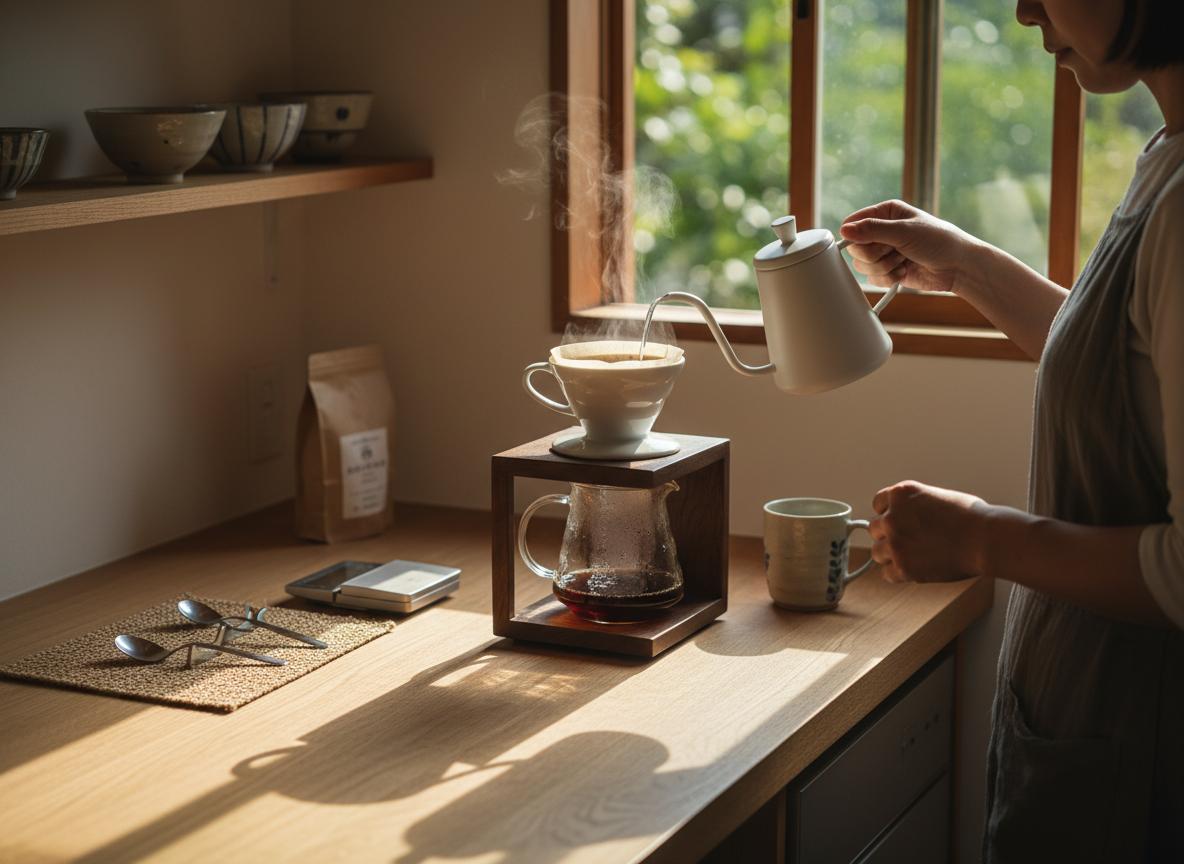 Pour-over coffee being made in a compact Japanese kitchen with morning light
