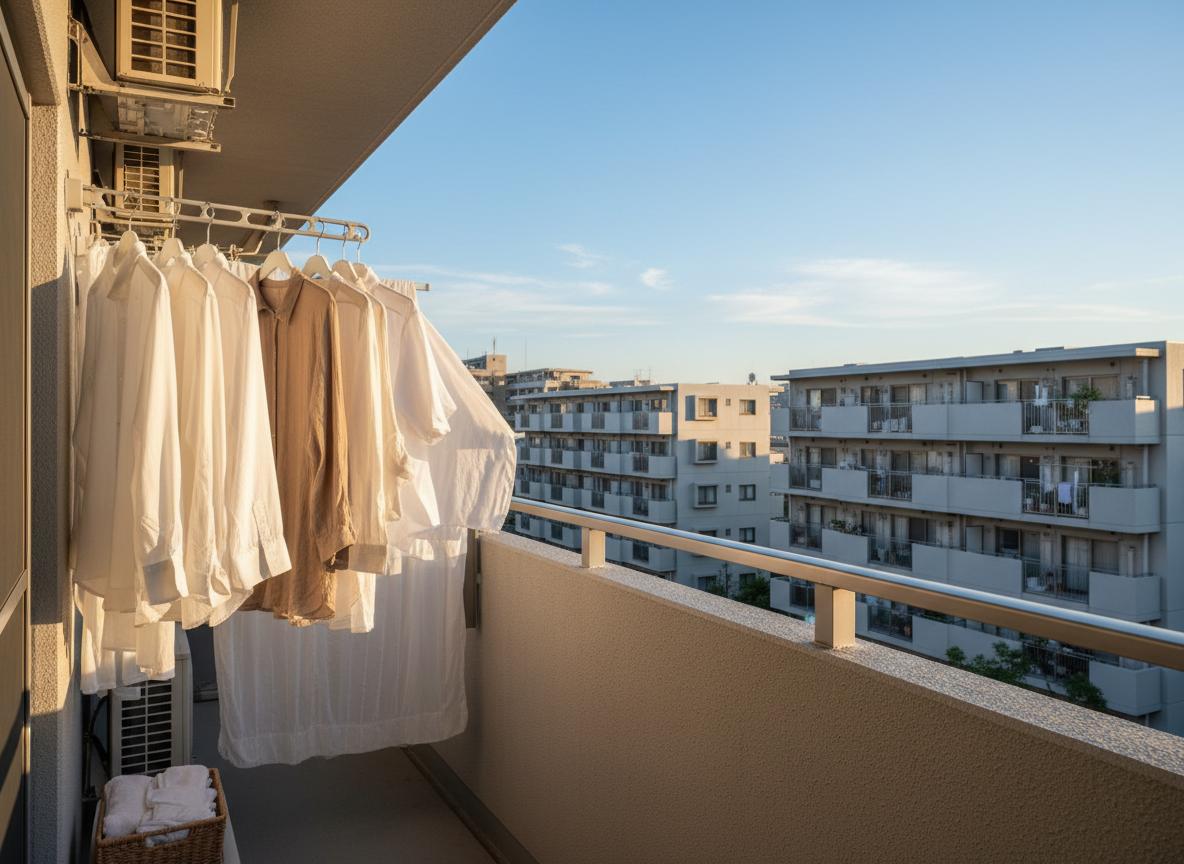 Clean laundry hanging on a Japanese apartment balcony drying in the morning breeze