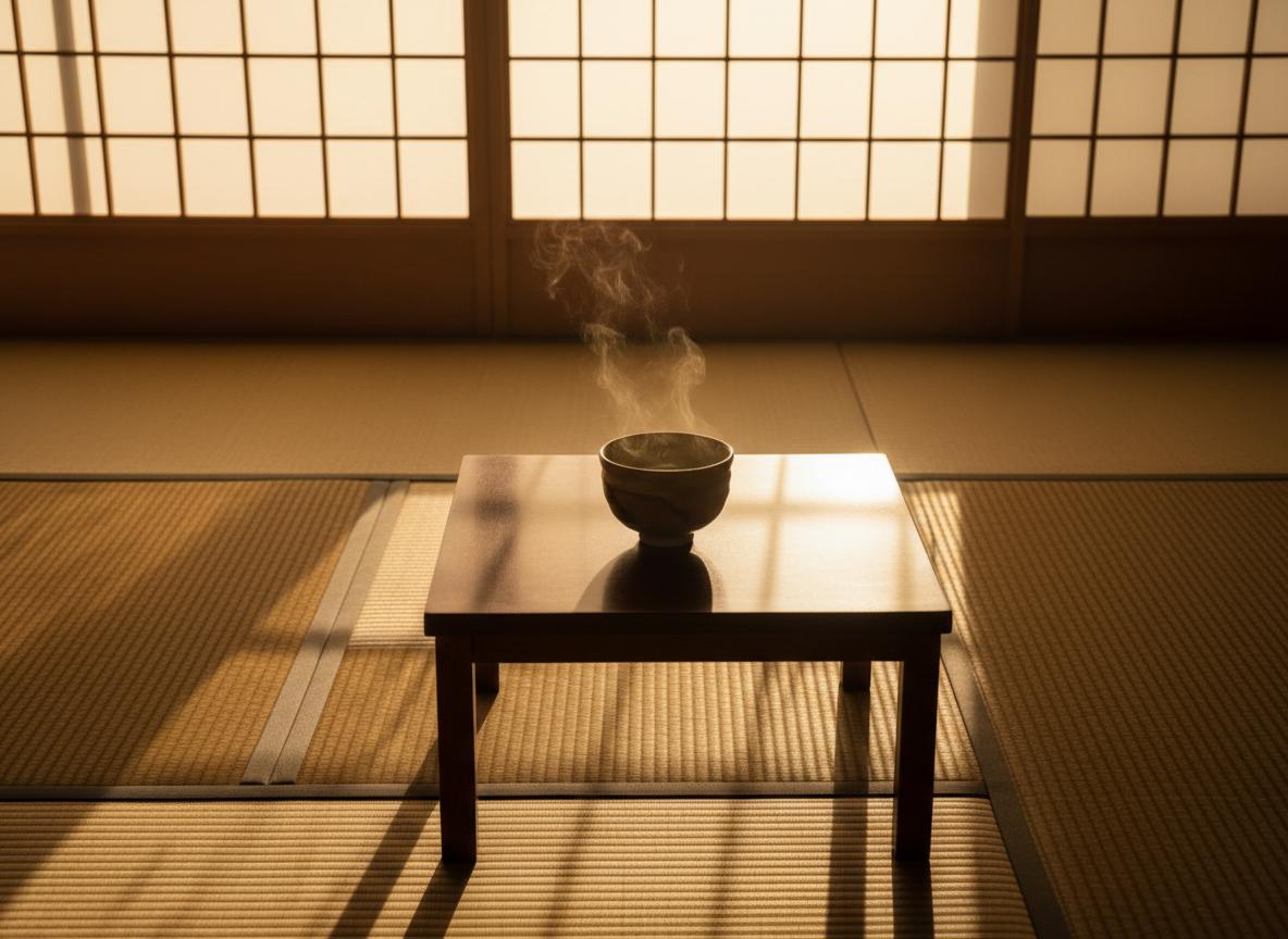 Morning light streaming through shoji screens onto a tatami floor with a steaming tea bowl