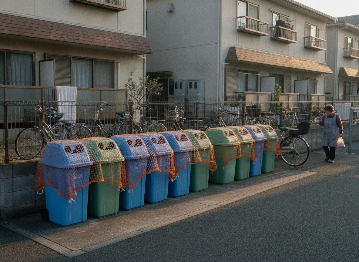 Neighborhood trash collection area with organized recycling bins in morning light