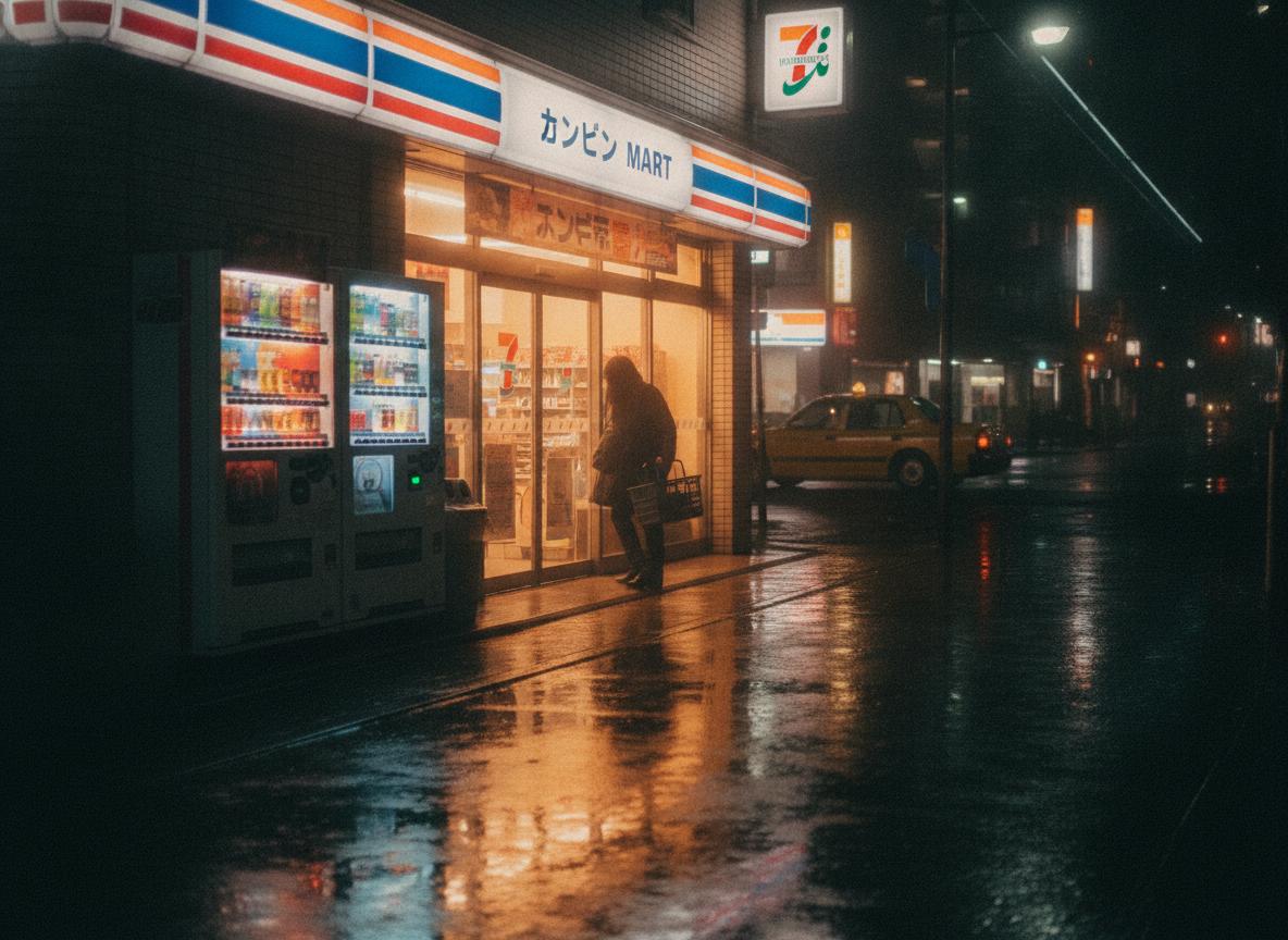 A Japanese konbini convenience store glowing warmly on a quiet street at 3am