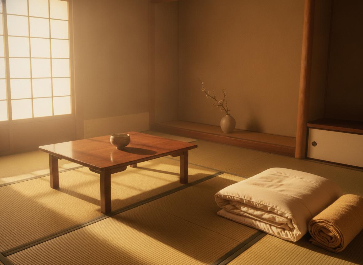 A traditional Japanese tatami room bathed in soft golden morning light