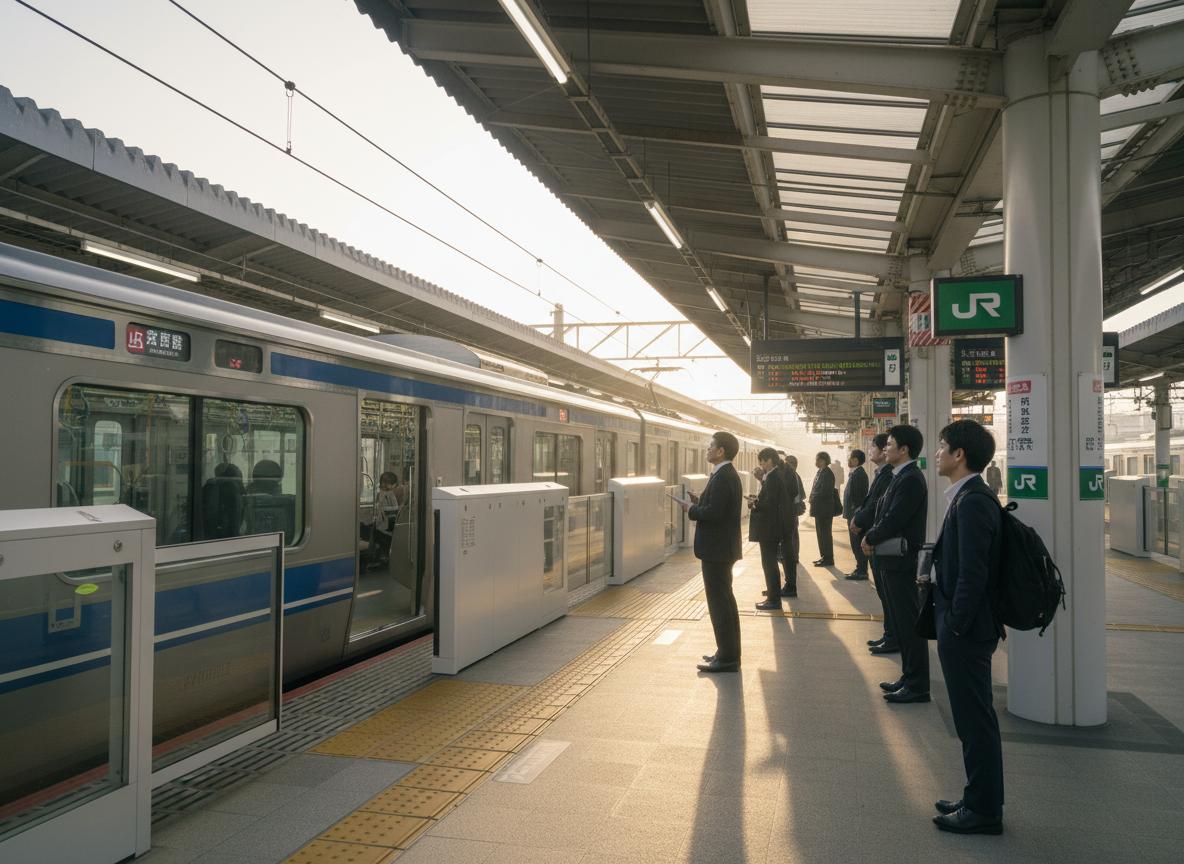 Commuters waiting in an orderly queue on a Japanese train platform at sunrise