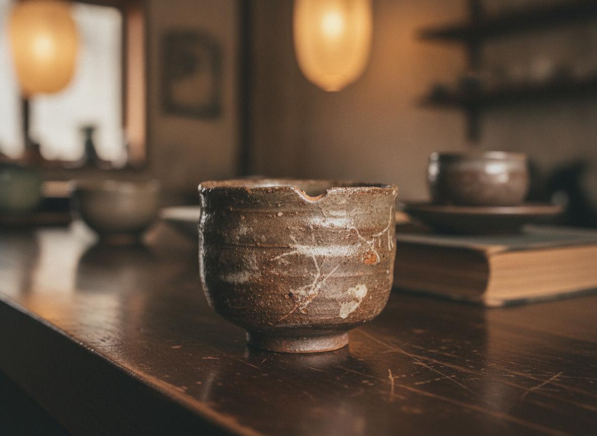 A chipped ceramic tea cup on a wooden counter, embodying wabi-sabi beauty in imperfection