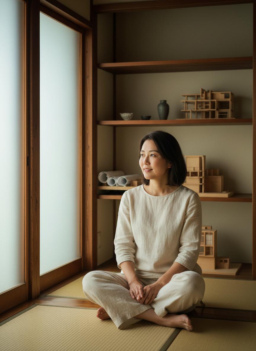 Hannah Mori, founder of JP Atmos, photographed in a Japanese-style room with architectural models on shelves behind her