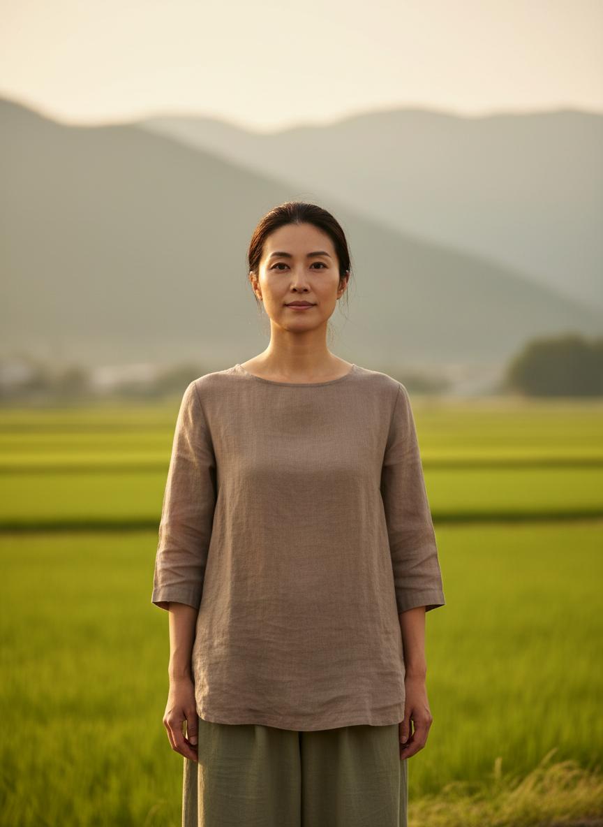Rei Kobayashi, contributor to JP Atmos, photographed in a rural setting with rice fields behind her