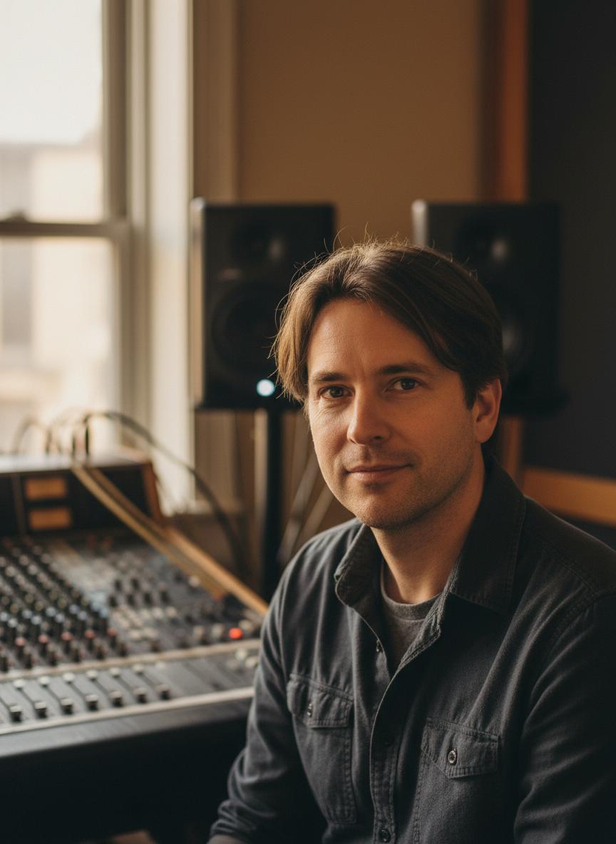 Thomas Wright, co-founder of JP Atmos, photographed in his audio studio with mixing equipment