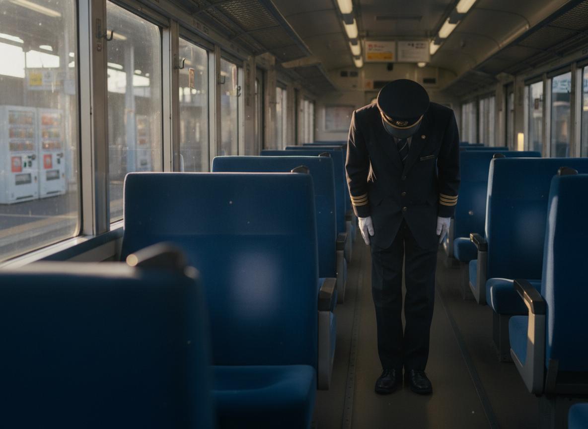 A train conductor bowing respectfully toward an empty train car
