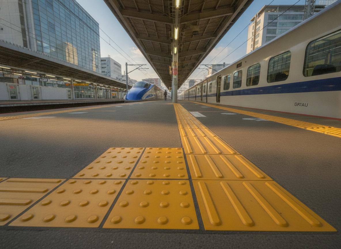 Yellow tactile paving strips along the edge of a Japanese train platform