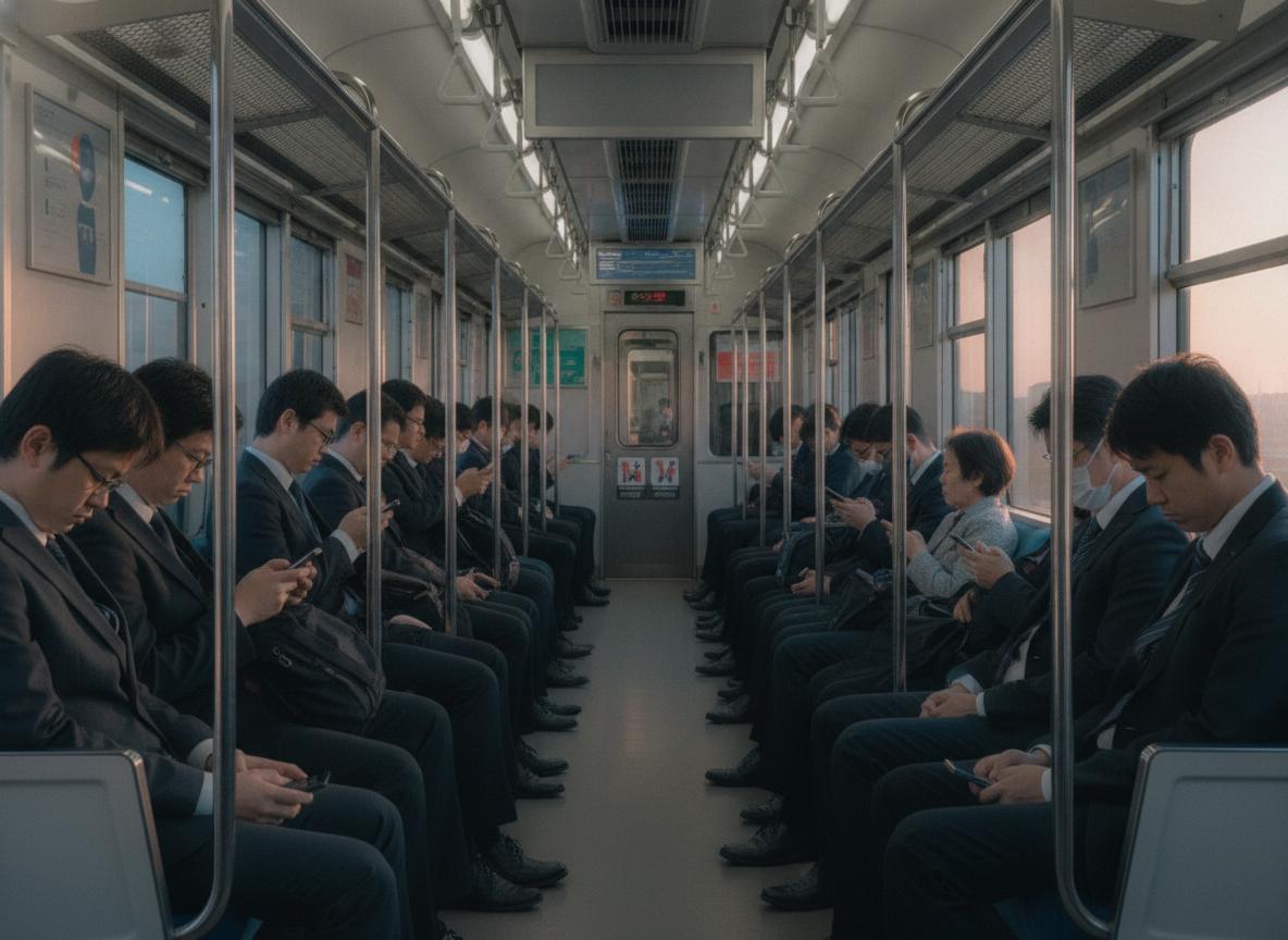 Passengers sitting in silence on a Japanese commuter train in early morning light