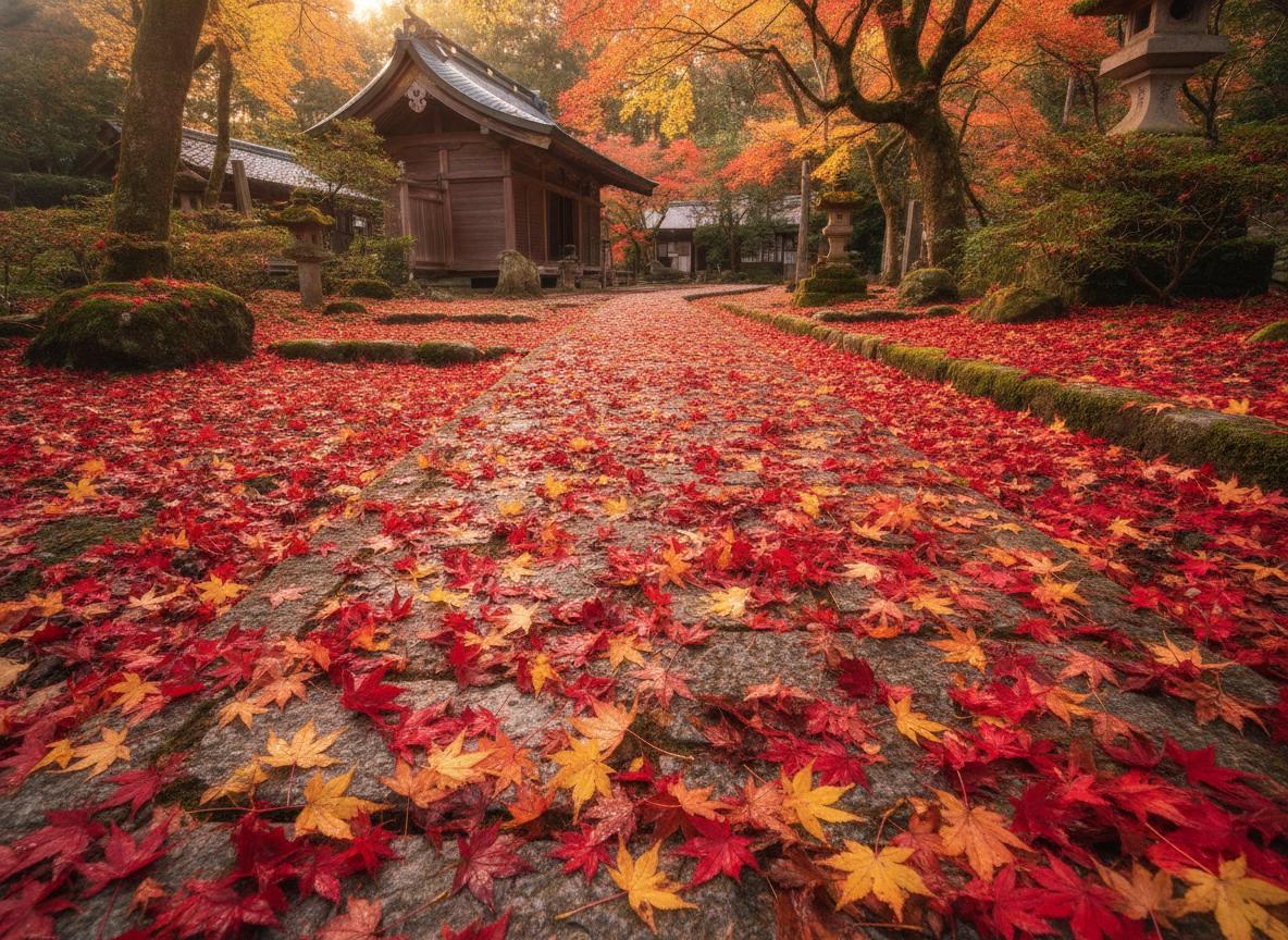 Autumn maple leaves scattered unswept on a stone temple path, allowed to decay naturally