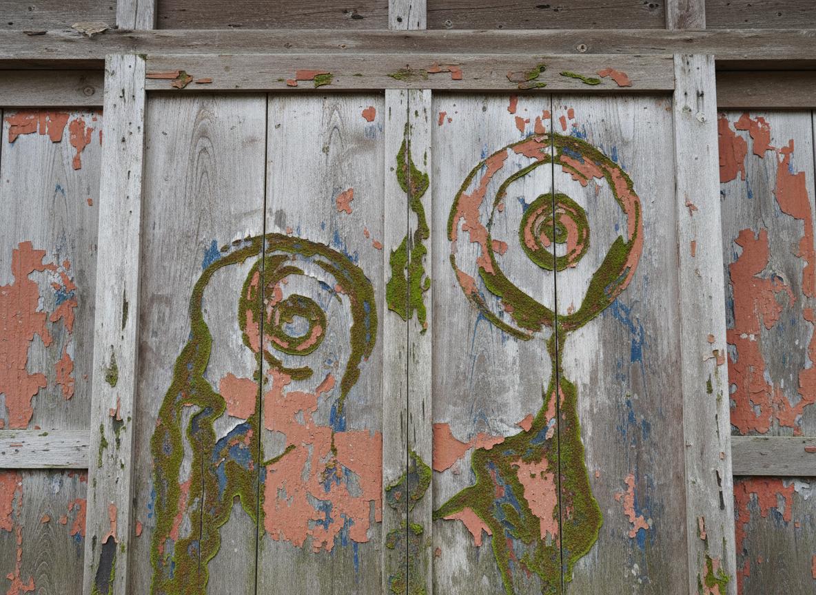 A traditional Japanese building facade left to weather naturally, showing beautiful patina and moss growth