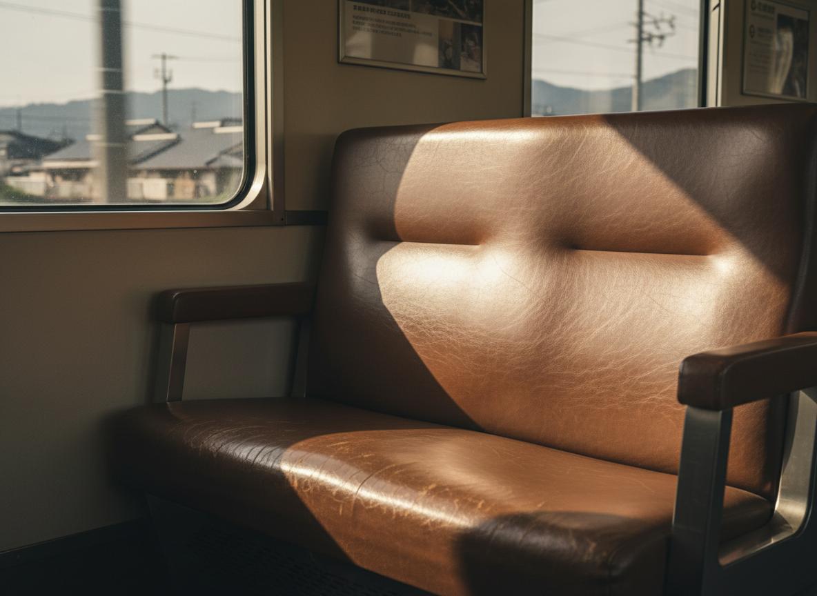 A worn train seat polished smooth by years of commuters, showing the pattern of daily use